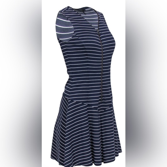 Theory Sleeveless Navy/White Stripe Drop Waist A-line Dress w Front Exposed Zip - Picture 5 of 8